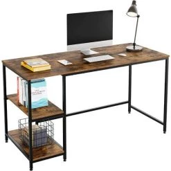 AICOK Bureau PC Table Table D'ordinateur Avec Etagères Table De Bureau Table De Travail Bois Métal Vintage Noir Design Industriel 140x60x76cm (L *W*H)