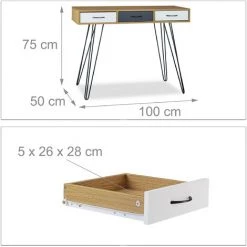 Relaxdays Bureau De Designer, Moderne, 3 Tiroirs, Table De Travail Ordinateur, Bois, Métal 75x100x50 Cm, Brun-blanc-gris -France Bureau Soldes 2022 31793693 5