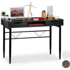Relaxdays Bureau Avec Tiroirs Et étagère, Moderne, Cadre En Métal,Table De Bureau HlP 77x110x55cm, Noire