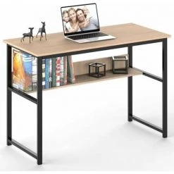 Bureau Informatique, Cheflaud Table D'ordinateur, Avec étagère, Pour Bureau, Salon, Cadre En Métal, Teck Clair Et Noir