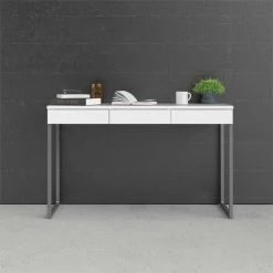 CAESAROO Bureau 126x52 Cm Laqué Blanc Avec Trois Tiroirs Et Pieds En Métal | Blanc