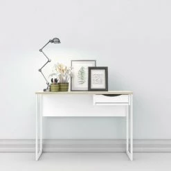 CAESAROO Bureau 110x48 Cm Blanc Mat Et Chêne Avec Un Tiroir | Chêne Et Blanc