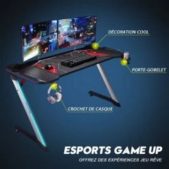 Bureau Gaming De Jeu 140x60x75 Cm Eclairage RVB Gobelet Support Casque Porte Non Tapis Souris SIRHONA -France Bureau Soldes 2022 32832778 4