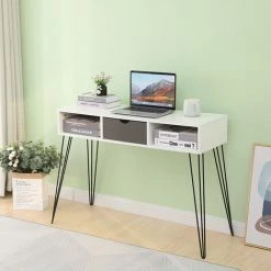 SKECTEN Bureau D'ordinateur Table De Travail Au Design Scandinave Pour Bureau Salon Dim. 100L X 35l X 75H Cm 2 Niches 1 Tiroir Pieds Effilés Blanc Noir -France Bureau Soldes 2022 33017322 3