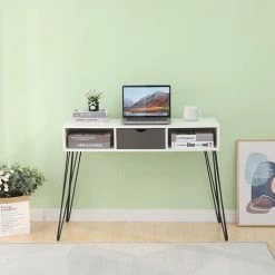 SKECTEN Bureau D'ordinateur Table De Travail Au Design Scandinave Pour Bureau Salon Dim. 100L X 35l X 75H Cm 2 Niches 1 Tiroir Pieds Effilés Blanc Noir -France Bureau Soldes 2022 33017322 4