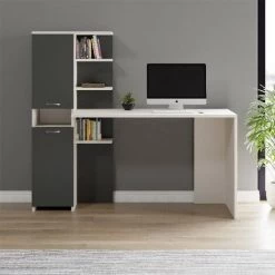 HOME MANIA Lotus Bureau - Avec Librairie, Etageres, Etageres, Portes - Bureau, Stuidio, Salle - Blanc, Anthracite En Melamine En Agglomere, Metal, 150 X 60 X 135 Cm