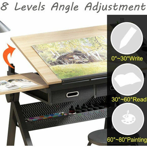 KEEPBUYING Table à Dessin Inclinable Reglable 2 Tiroirs Avec Tabouret Noir 6 KEEPBUYING Table à Dessin Inclinable Reglable 2 Tiroirs Avec Tabouret Noir – Image 4