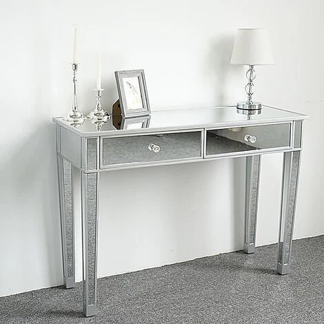 GROSMONDE Bureau D'ordinateur, Deux Tiroirs, Miroir, Argent 105 * 36 * 76cm, Style Moderne 3 GROSMONDE Bureau D'ordinateur, Deux Tiroirs, Miroir, Argent 105 * 36 * 76cm, Style Moderne