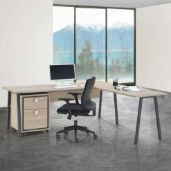 ALTOBUY LYDIA - Bureau 180cm + Extension + Caisson à Roulettes H64cm - Marron Clair