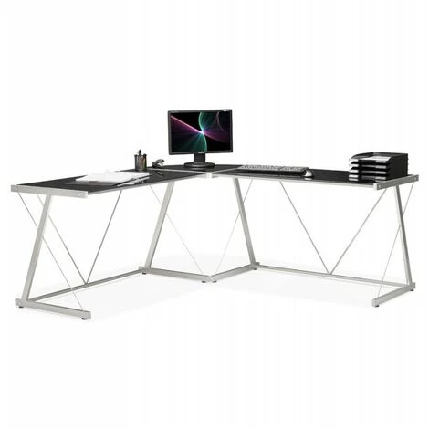 Paris Prix - Bureau D'angle En Verre "lize" 180cm Noir 3 Paris Prix - Bureau D'angle En Verre "lize" 180cm Noir
