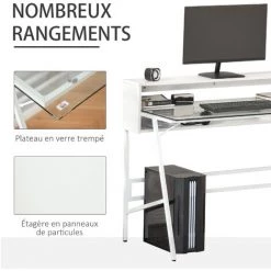 HOMCOM Bureau Informatique Multimédia Design Contemporain 2 étagères Arrières Plateau Verre Trempé Métal Panneaux Particules Blanc -France Bureau Soldes 2022 34525001 5