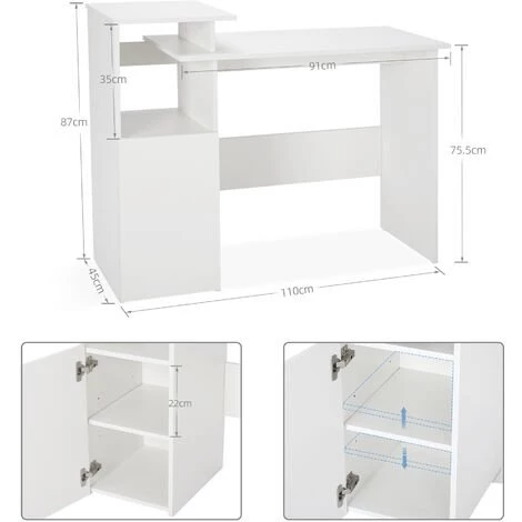 Bureau D'Ordinateur, Bureau De Poste, Pour PC, Poste De Travail Avec Des Compartiments Réglables, Blanc-Meerveil 5 Bureau D'Ordinateur, Bureau De Poste, Pour PC, Poste De Travail Avec Des Compartiments Réglables, Blanc-Meerveil â Image 3