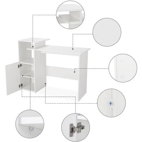 Bureau D'Ordinateur, Bureau De Poste, Pour PC, Poste De Travail Avec Des Compartiments Réglables, Blanc-Meerveil 7 Bureau D'Ordinateur, Bureau De Poste, Pour PC, Poste De Travail Avec Des Compartiments Réglables, Blanc-Meerveil â Image 5