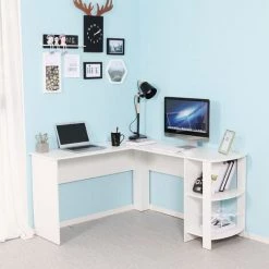 Table D'ordinateur D'angle Table De Travail Bureau D'ordinateur En L-forme Blanc-Meerveil