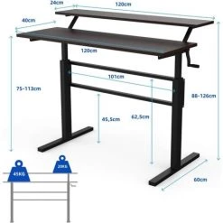 COSTWAY Bureau Assis Debout Réglable En Hauteur75-113 CM Avec Manivelle Pliable Mabuel Table D'Ordinateur Egonomique Cadre En Acier -France Bureau Soldes 2022 34636591 5