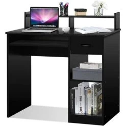 GOPLUS Bureau Informatique Avec 1 Tiroir Et 2 ?tagères, Table De L’Ordinateur Avec Planche à Clavier Coulissante, Idéal Pour Chambre, Bureau, Salle De Travail, 90 X 48 X 91,5CM, Noir