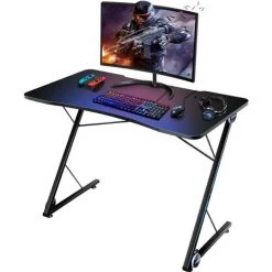 GOPLUS Bureau Gamer Avec 4 Lumières LED Et Coussinet Antidérapant Réglable, Table De Jeu Ergonomique En Forme Z, Idéal Pour Maison, Bureau, Club, 100 X 60 X 78 CM, Charge Max 60 KG, Noir