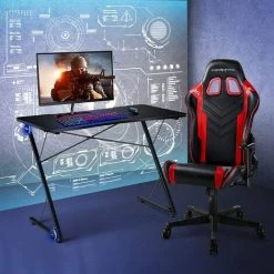 GOPLUS Bureau Gamer Avec 4 Lumières LED Et Coussinet Antidérapant Réglable, Table De Jeu Ergonomique En Forme Z, Idéal Pour Maison, Bureau, Club, 100 X 60 X 78 CM, Charge Max 60 KG, Noir -France Bureau Soldes 2022 34761280 3