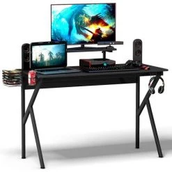 GOPLUS Bureau Gaming Avec Support D'?cran Réglable Et Amovible, Table De Jeu En Forme K Avec Porte-Oreilles Audio Gobelet, Bureau D'Ordinateur Gaming Avec Espace De Rangement Pour Gamer, Noir
