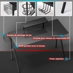 GOPLUS Bureau Gaming Avec Support D'?cran Réglable Et Amovible, Table De Jeu En Forme K Avec Porte-Oreilles Audio Gobelet, Bureau D'Ordinateur Gaming Avec Espace De Rangement Pour Gamer, Noir -France Bureau Soldes 2022 34761938 3