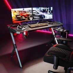 SIRHONA Bureau Gaming De Jeu Avec Lumières RGB 8 Modules Avec Porte-gobelet, Cable Rangement Et Crochet Pour Casque Table De Gaming Noir 120x60x75cm