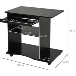 HOMCOM Bureau Informatique à Roulettes Avec Support Clavier Dim. 80L X 50l X 76H Cm MDF Noir - Noir -France Bureau Soldes 2022 35491524 3