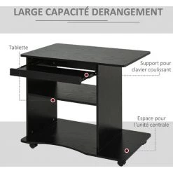 HOMCOM Bureau Informatique à Roulettes Avec Support Clavier Dim. 80L X 50l X 76H Cm MDF Noir - Noir -France Bureau Soldes 2022 35491524 4
