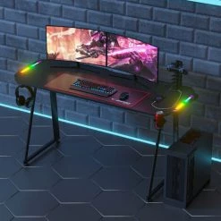 AUGIENB Bureau Gamer Table Gaming Pour PC Informatique Acier Avec LED Porte-écouteurs + Tapis De Souris 69 X 80 X 13cm Rouge
