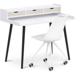 PRIVATEFLOOR Bureau En Bois Design Style Scandinave Thora + Chaise De Bureau Scandinave A Roulettes Canva Blanc - - Blanc
