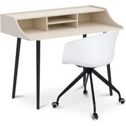 PRIVATEFLOOR Bureau En Bois Design Style Scandinave Torkel + Chaise De Bureau Design Avec Roues Blanc - - Blanc