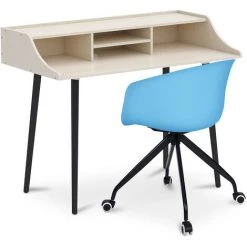 PRIVATEFLOOR Bureau En Bois Design Style Scandinave Torkel + Chaise De Bureau Design Avec Roues Bleu - Bleu