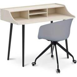 PRIVATEFLOOR Bureau En Bois Design Style Scandinave Torkel + Chaise De Bureau Design Avec Roues Gris - Gris