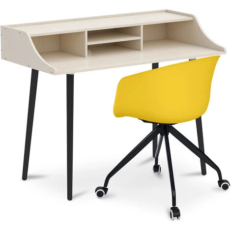 PRIVATEFLOOR Bureau En Bois Design Style Scandinave Torkel + Chaise De Bureau Design Avec Roues Jaune - - Jaune 3 PRIVATEFLOOR Bureau En Bois Design Style Scandinave Torkel + Chaise De Bureau Design Avec Roues Jaune - - Jaune