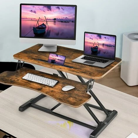 GOPLUS Poste De Travail Assis-Debout Réglable En Hauteur, Tables De 2 Couches Au Bureau, Support Amovible Pour Ordinateur Et Clavier, Bureau Et Poste De Travail Avec Plateau Pour Clavier (Marron) 3 GOPLUS Poste De Travail Assis-Debout Réglable En Hauteur, Tables De 2 Couches Au Bureau, Support Amovible Pour Ordinateur Et Clavier, Bureau Et Poste De Travail Avec Plateau Pour Clavier (Marron)