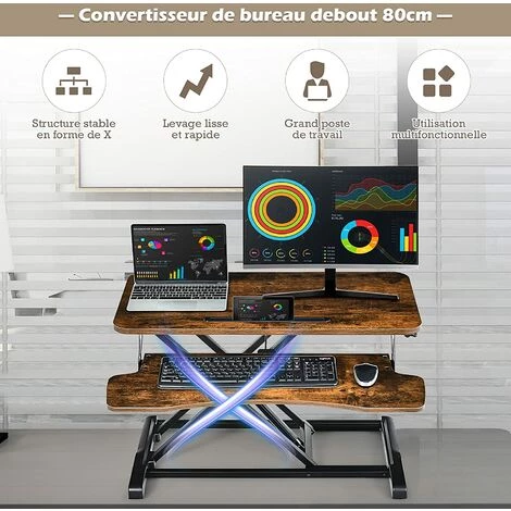 GOPLUS Poste De Travail Assis-Debout Réglable En Hauteur, Tables De 2 Couches Au Bureau, Support Amovible Pour Ordinateur Et Clavier, Bureau Et Poste De Travail Avec Plateau Pour Clavier (Marron) 4 GOPLUS Poste De Travail Assis-Debout Réglable En Hauteur, Tables De 2 Couches Au Bureau, Support Amovible Pour Ordinateur Et Clavier, Bureau Et Poste De Travail Avec Plateau Pour Clavier (Marron) – Image 2