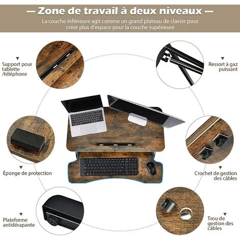 GOPLUS Poste De Travail Assis-Debout Réglable En Hauteur, Tables De 2 Couches Au Bureau, Support Amovible Pour Ordinateur Et Clavier, Bureau Et Poste De Travail Avec Plateau Pour Clavier (Marron) 7 GOPLUS Poste De Travail Assis-Debout Réglable En Hauteur, Tables De 2 Couches Au Bureau, Support Amovible Pour Ordinateur Et Clavier, Bureau Et Poste De Travail Avec Plateau Pour Clavier (Marron) – Image 5