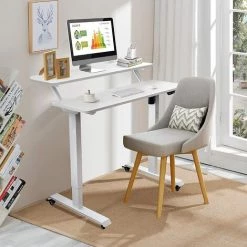 COSTWAY Bureau Assis-Debout Électrique, Bureau Réglable En Hauteur à 2 Niveaux Avec Roues Verrouillables, Blanc