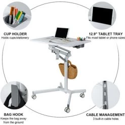 IKAYAA Bureau D'Ordinateur Portable Debout Reglable En Hauteur Table D'Angle Table De Chevet Bureau Pneumatique Bureau Assis Et Debout Avec Roulettes Verrouillables Porte-Gobelet De Levage A Ressort A Gaz, Blanc - Blanc -France Bureau Soldes 2022 36568757 4