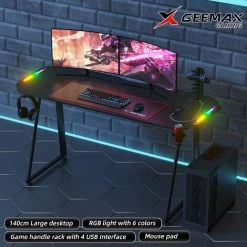 INSMA Bureau Gaming Ergonomic Bureau Gamer Grand Table D’étude Avec Tapis De Souris Poignée De Jeu Pour Bureau à Domicile 6 Lumière LED 140 X 60 X 75 Cm -France Bureau Soldes 2022 36835270 4
