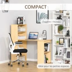 HOMCOM Bureau Informatique 120L X 55l X 120H Cm Bibliothèque Adjacente Multi-rangements Bois Naturel - Bois Naturel -France Bureau Soldes 2022 36843132 5