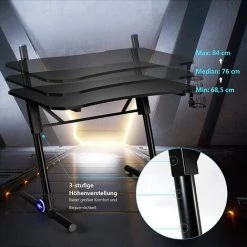 COSTWAY Bureau Gamer,Table De Gaming Avec LED, Support Pour Manette, Porte-Gobelet, En Forme De Z, 3 Niveaux Hauteutr Réglable Noir -France Bureau Soldes 2022 36927333 2