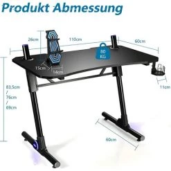 COSTWAY Bureau Gamer,Table De Gaming Avec LED, Support Pour Manette, Porte-Gobelet, En Forme De Z, 3 Niveaux Hauteutr Réglable Noir -France Bureau Soldes 2022 36927333 5