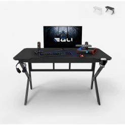 EGLI Bureau De Jeu Ergonomique En Carbone 120x60cm Avec Porte-gobelet | Couleur: Noir