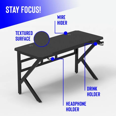 EGLI Bureau De Jeu Ergonomique En Carbone 120x60cm Avec Porte-gobelet | Couleur: Noir 7 EGLI Bureau De Jeu Ergonomique En Carbone 120x60cm Avec Porte-gobelet | Couleur: Noir – Image 5