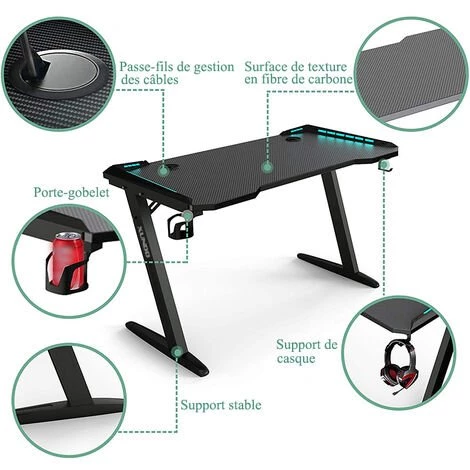 XUNDD Bureau Gaming Avec LED RGB Bureau Gamer Table En Forme De Z Avec Support De Haut-Parleur Et Porte-Gobelets 4 XUNDD Bureau Gaming Avec LED RGB Bureau Gamer Table En Forme De Z Avec Support De Haut-Parleur Et Porte-Gobelets – Image 2