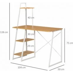 HOMCOM Bureau Informatique Design Industriel Avec Bibliothèque Trapézoïdale 3 étagères Panneaux Particules Aspect Bois Clair Métal Blanc -France Bureau Soldes 2022 37149172 3