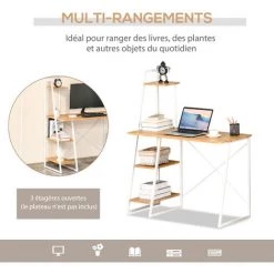 HOMCOM Bureau Informatique Design Industriel Avec Bibliothèque Trapézoïdale 3 étagères Panneaux Particules Aspect Bois Clair Métal Blanc -France Bureau Soldes 2022 37149172 4