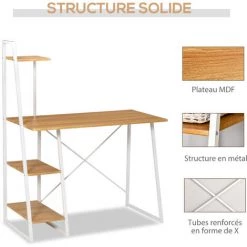 HOMCOM Bureau Informatique Design Industriel Avec Bibliothèque Trapézoïdale 3 étagères Panneaux Particules Aspect Bois Clair Métal Blanc -France Bureau Soldes 2022 37149172 5