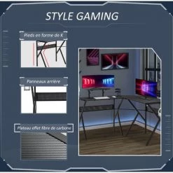 HOMCOM Bureau Gaming D'angle Bureau Gamer Bureau Informatique Bracket Casque Porte-gobelet étagère écran Réglable Métal Panneaux Texture Carbone Noir - Noir -France Bureau Soldes 2022 37149186 5