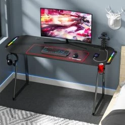 GEEMAX Bureau De Gamer RGB 6 LED 140 X 60 X 75 Cm Avec Porte Gobelet + Support De Poignée + Prise USB Bureau Informatique Table Gaming Bureau De Jeu -France Bureau Soldes 2022 37217337 5